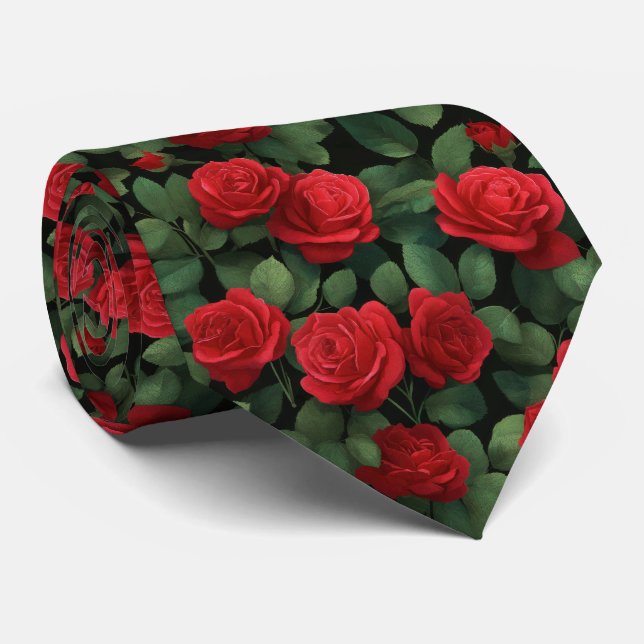 Cravate Dark Elegant Red Rose Pattern (Roulé)