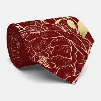 Cravate Dark Red & Faux Gold Peony Modern Floral Wedding