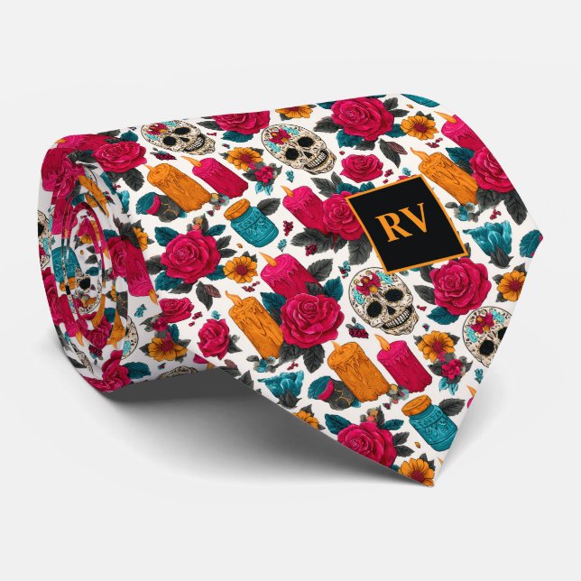 Cravate Day of the Dead Candles, Roses and Sugar Skulls (Roulé)