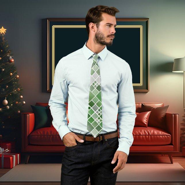 Cravate de conception À damiers aquarelle verte (A modern design tie featuring a checkered pattern with a watercolor effect in green grey hues)