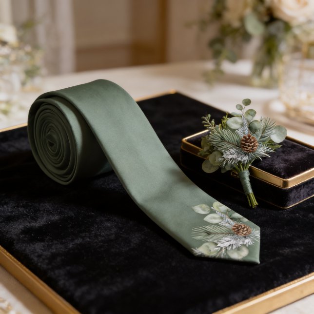Cravate de luxe sage vert botanique monogramme pou (Quiet Luxury Sage Green Botanical Monogram Groom Neck Tie)