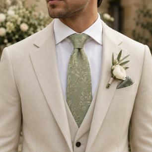 Cravate de mariage en jacquard botanique vert saug