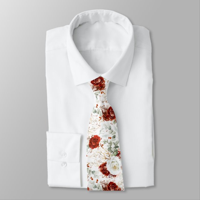 Cravate de mariage florale rouge et blanc Bourgogn (Attaché)