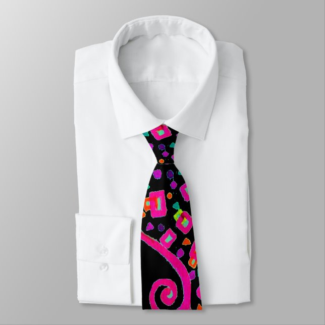 CRAVATE DECO ABSTRAIT NOIR FUCHSIA ROSE (Attaché)