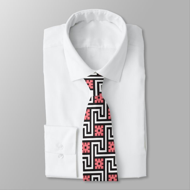 Cravate Deco Greek Key, Black, White and Coral Pink (Attaché)