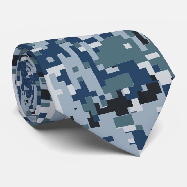 Cravate Décor Camouflage Pixels numériques bleu marine (Roulé)