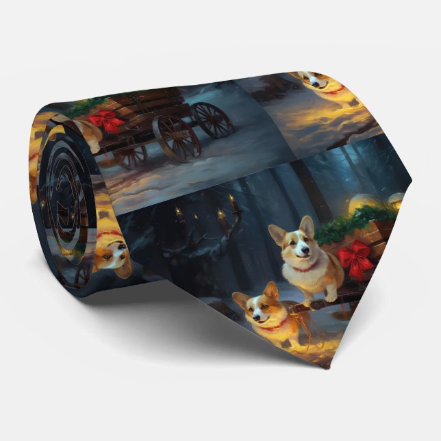 Cravate Décor de Noël Corgi Snowy Sleigh (Roulé)