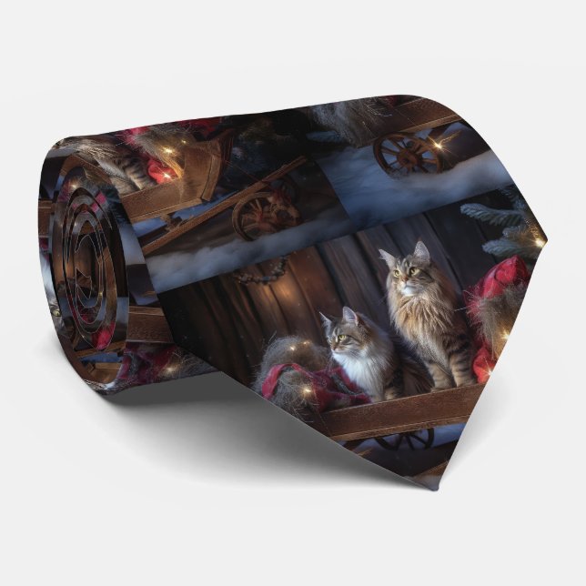 Cravate Décor de Noël Maine Coon enneigé (Roulé)