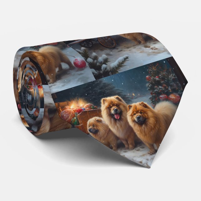 Cravate Décor de Noël traîneau enneigé Chow Chow (Roulé)
