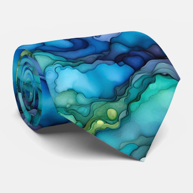 Cravate Deep Ocean Abstract Design in Teal and Blue Fluid  (Roulé)