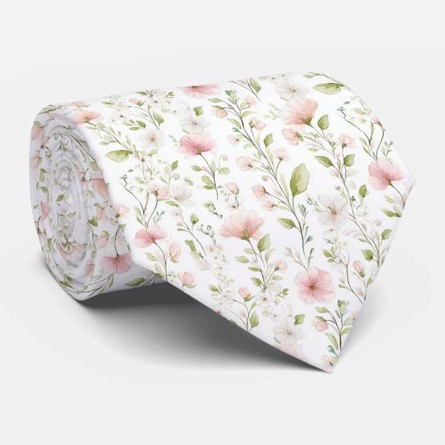 Cravate Delicate pink white flowers pattern neck tie (Roulé)