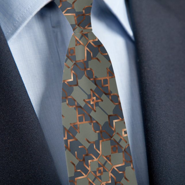 Cravate Denim Sage Cuivre Motif Abstrait (Créateur téléchargé)