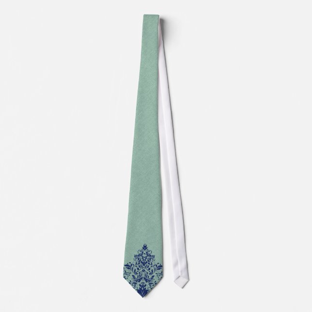 Cravate Dentelle florale bleu texture lin vert menthe (Devant)