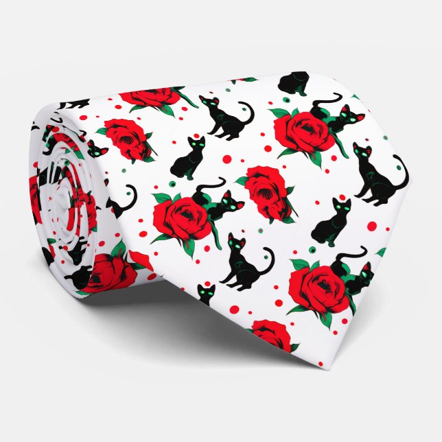Cravate Déplaisant Cute Chats Noirs Roses Rouges Motif (Roulé)