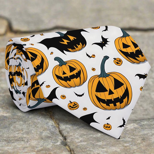 Cravate Déplaisant Halloween Orange Citrouille Horreur Bat (Créateur téléchargé)