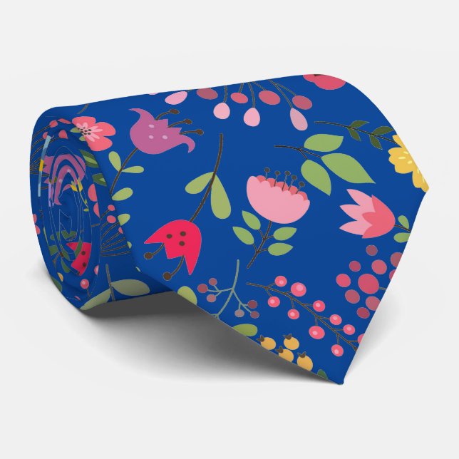 Cravate Design floral Fleur sauvage de printemps sur bleu (Roulé)