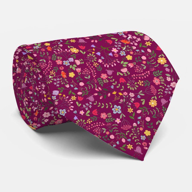 Cravate Design floral fleur sauvage élégant sur prune (Roulé)