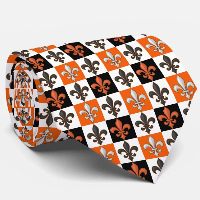 Cravate Design Orange Noir Blanc À damiers Fleur de lis (Créateur téléchargé)