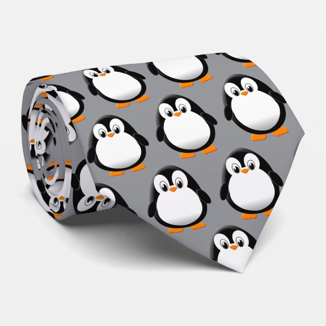 Cravate Dessin animé de pingouin gris mignon  (Roulé)