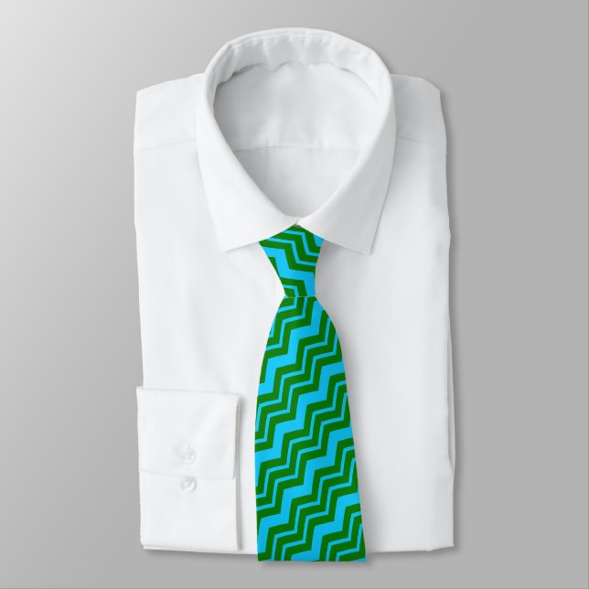 Cravate Dessin chevron zigzag bleu vert  (Attaché)