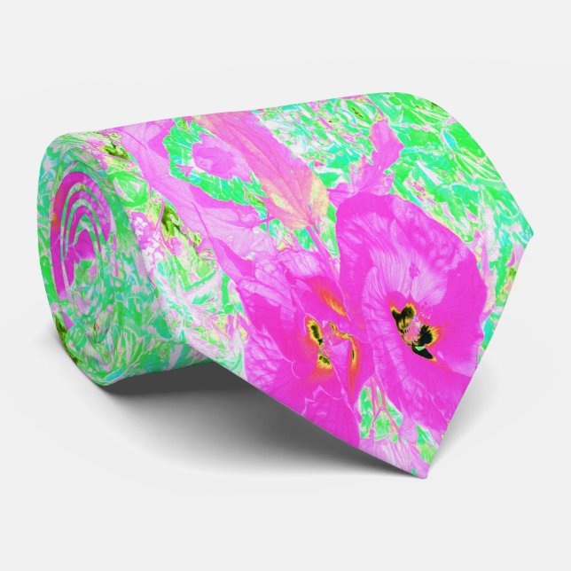 Cravate Deux Hibiscus de Plum Rose Hot Crazy sur Lime Gree (Roulé)