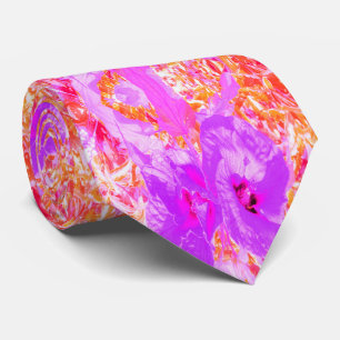 Cravate Deux Hibiscus de prune violet et rose chaud sur ro