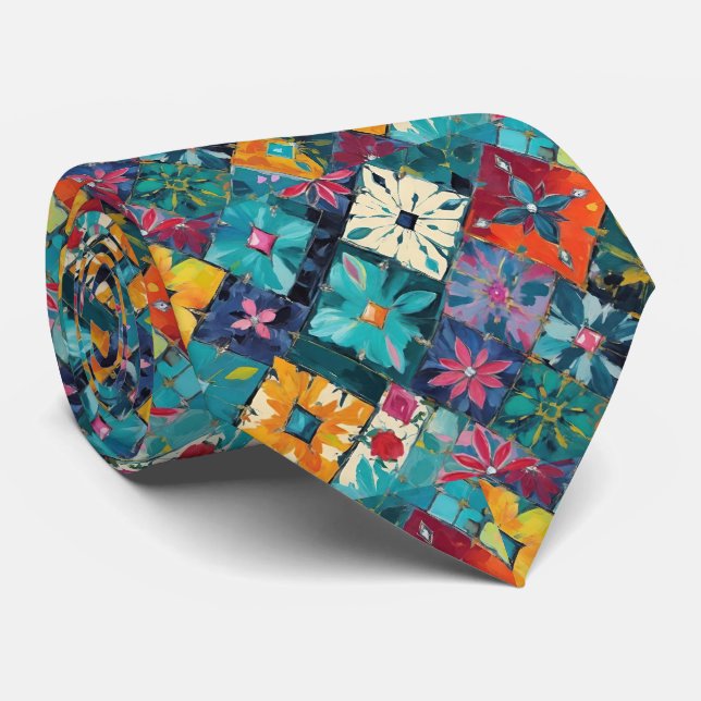 Cravate Diamants Géométriques Et Gems Floral Sarcelle (Roulé)