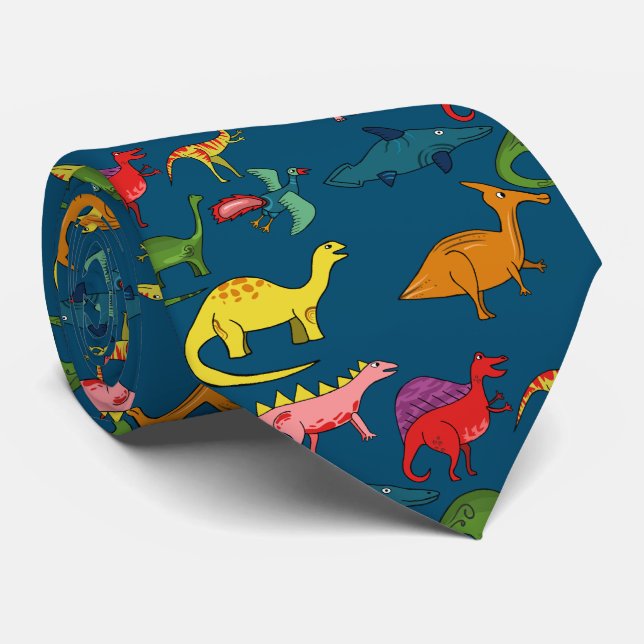 Cravate Dinosaures Arc-en-Ciel Bleus (Roulé)