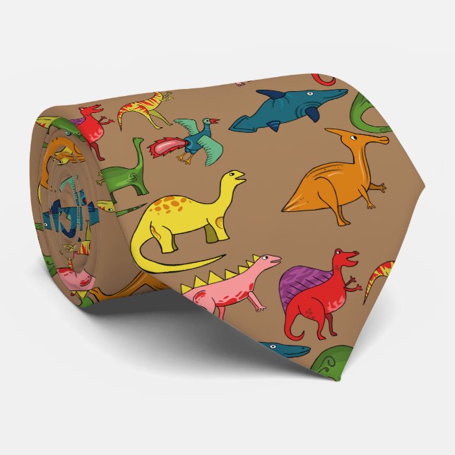 Cravate Dinosaures Arc-en-Ciel Brun (Roulé)