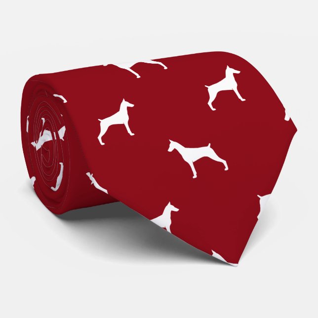 Cravate Doberman Pinscher Chien Silhouettes Motif Rouge (Roulé)