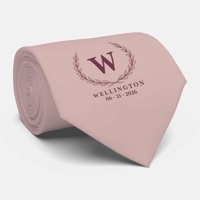 Cravate Douce Mariée Bourguignon Laurier Monogramme Date d (Roulé)