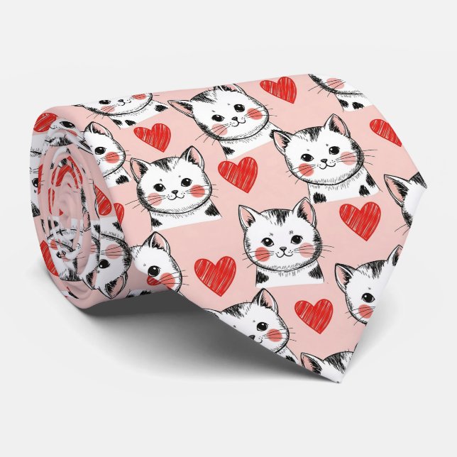 Cravate Douces Chats Kawaii Roses & Motifs de Cœurs (8) (Roulé)