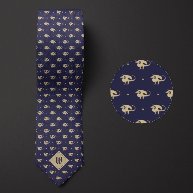 Cravate Dragon bleu et or en profil avec Monogramme (Créateur téléchargé)