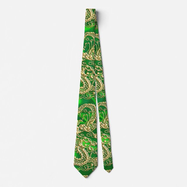 Cravate Dragon en or embouti sur satin vert (Devant)