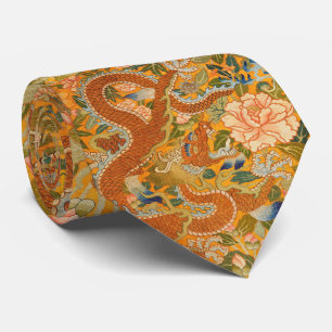 Cravate DRAGON PARMI LES PÉONIES, FLEURS, Floral FEUILLE V