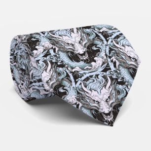 Cravate Dragons chinois bleu clair et gris
