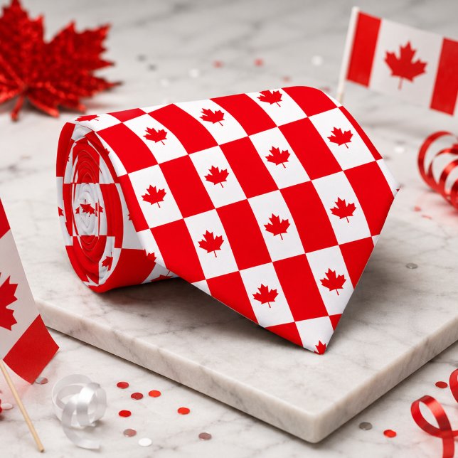 Cravate Drapeau canadien rouge blanc motif à carreaux feui (Créateur téléchargé)