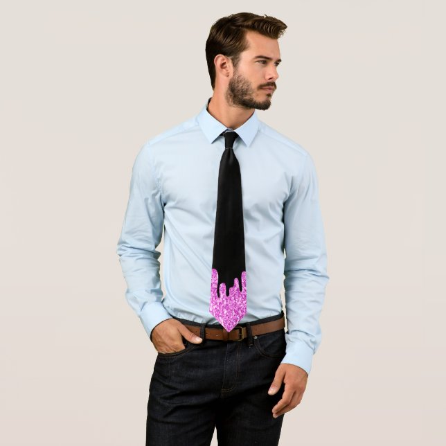 Cravate Dripping Sparkles Glitter Pink Black (En situation)