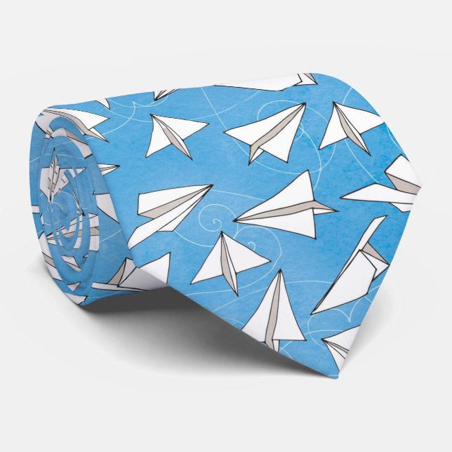 Cravate Drôle avion en papier sur Blue Novelty Motif (Roulé)