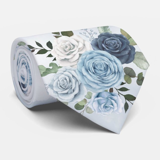 Cravate Dusty Blue Chic Aquarelle Rustic Florals Mariage (Roulé)