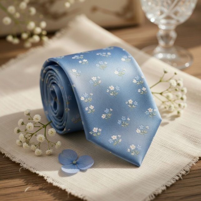 Cravate Dusty Blue Micro Floral Wedding Pattern (Créateur téléchargé)