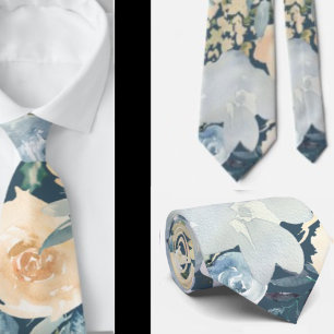 Cravate Dusty Blue Navy Flowers Roses Floral Neck Tie