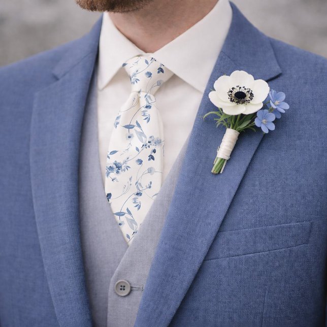 Cravate Dusty Blue Watercolor Floral Wedding Tie (Créateur téléchargé)