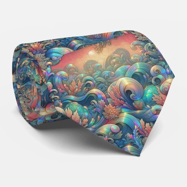 Cravate Écharpe Beach Lovers | Motif Corail Océanique Holo (Roulé)