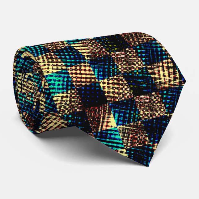 Cravate Échecs sales et effet rayé, bleu et jaune (Roulé)