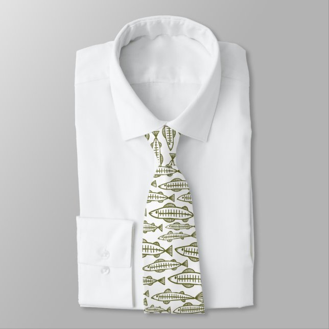 Cravate École de poisson - Drop d'olive sur blanc (Attaché)