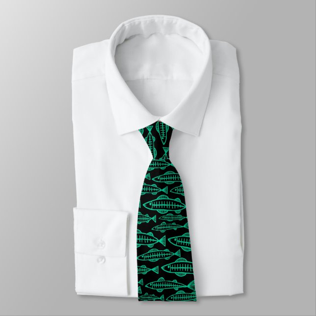 Cravate École de poisson - Vert mer sur noir (Attaché)