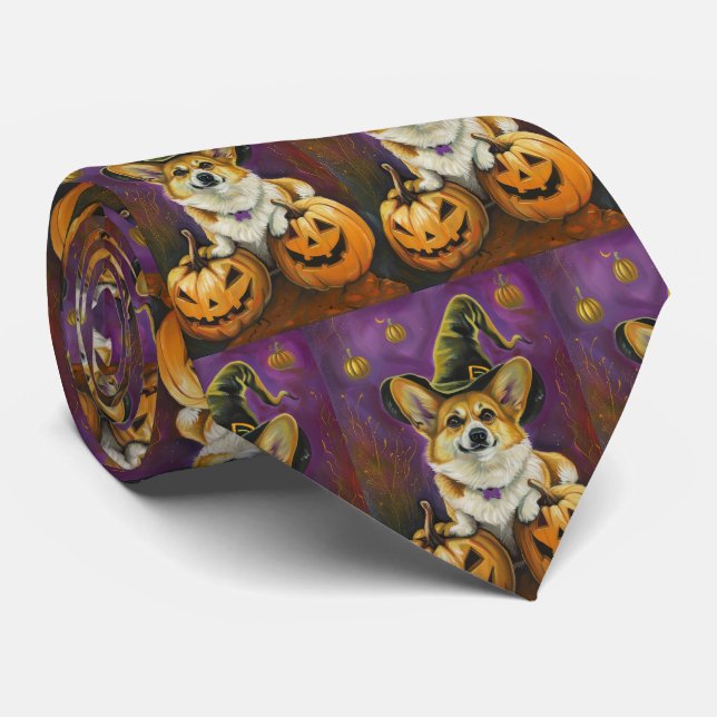 Cravate Éffrayant Corgi Chien Halloween Citrouille sorcier (Roulé)