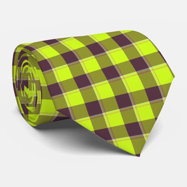 Cravate Electric Lime and Livid Brown Plaid Neck Tie (Roulé)