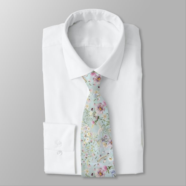 Cravate Elégant Aqua Floral Mariage Necktie (Attaché)